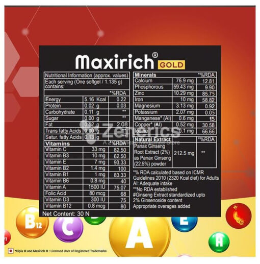 Maxirich Gold Advanced Daily Supplement-Multivitamin with Ginseng Extract for Energy & Immunity Soft Gelatin Capsule - Image 2
