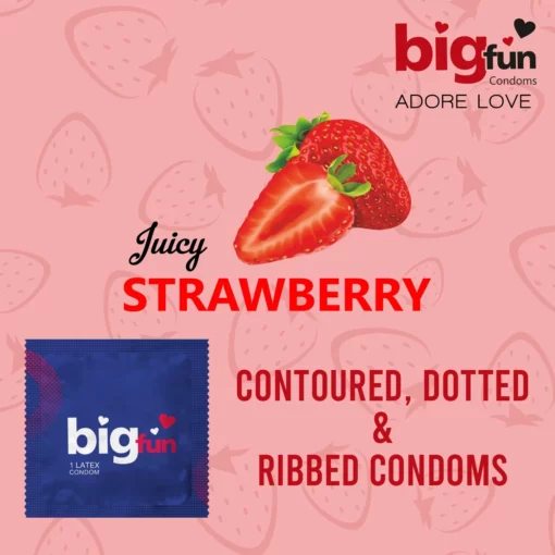 Bigfun Dotted, Ribbed & Contoured Condom Juicy Strawberry - Image 9